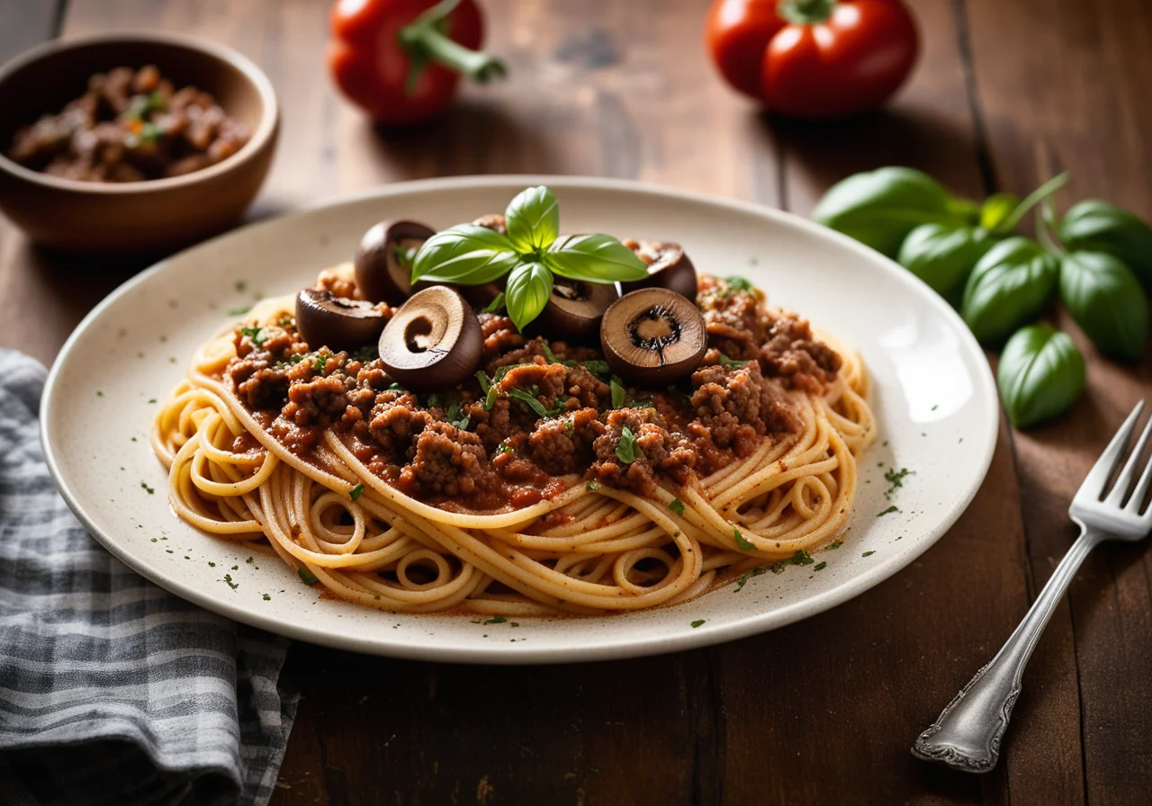 Spaghetti with Ground Meat and Mushroom Sauce