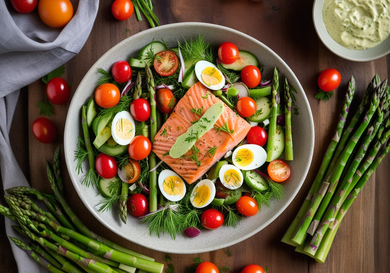 Salad with Salmon, Green Asparagus, Cocktail Tomatoes and Eggs