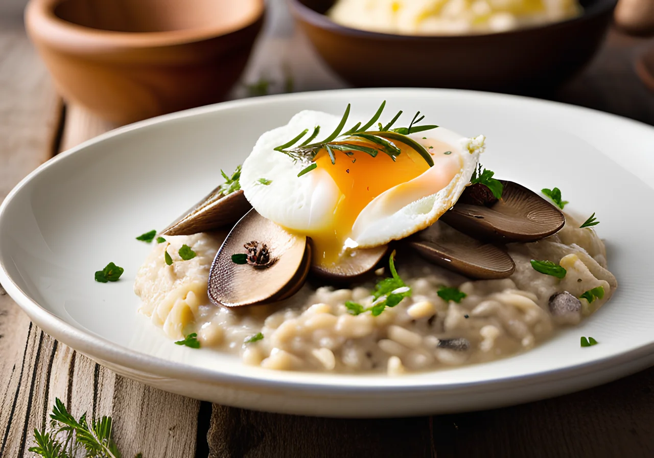 Topisotto with Mushrooms and Poached Egg