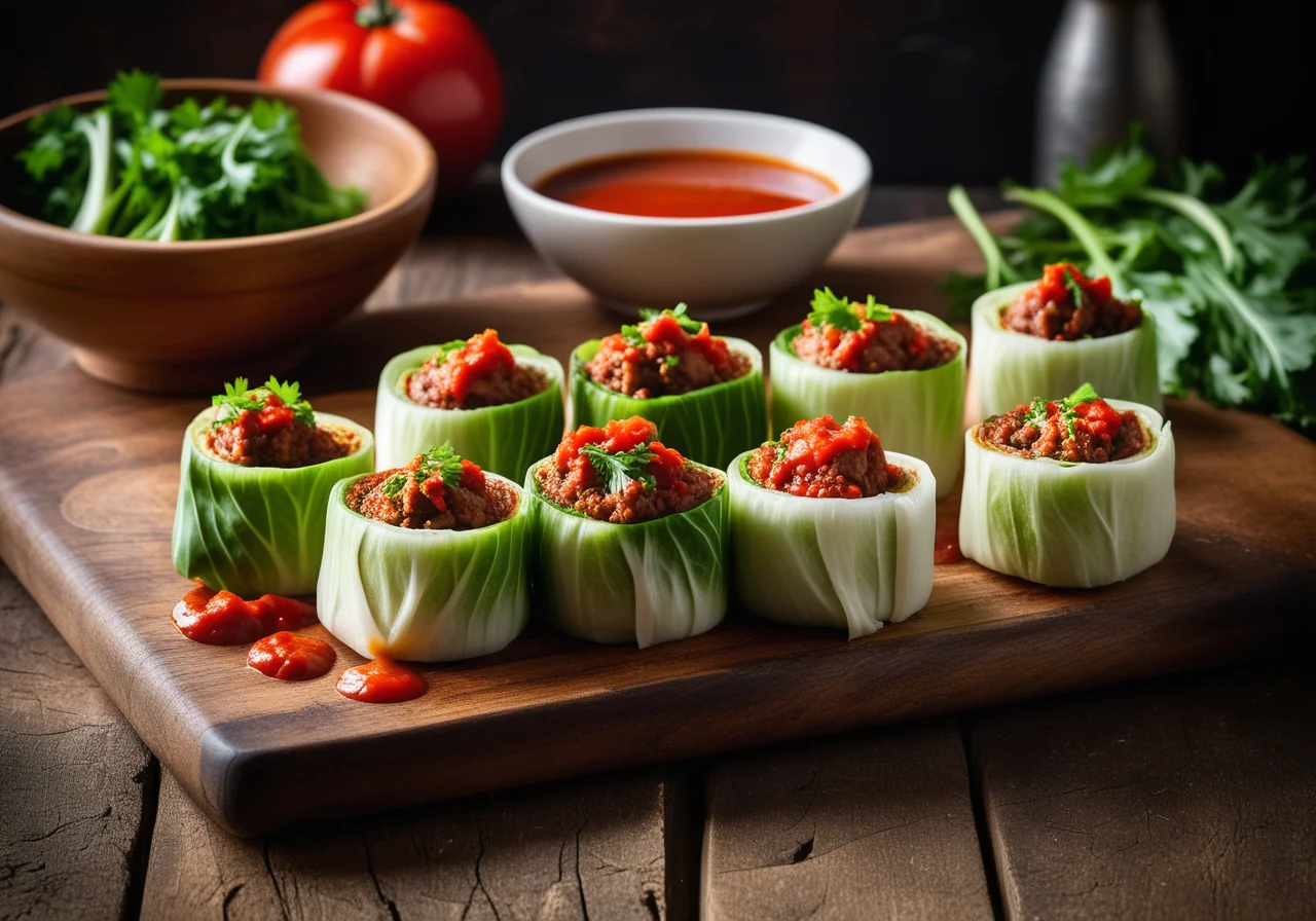 Paksoi Rolls with Meat Filling and Tomato Sauce