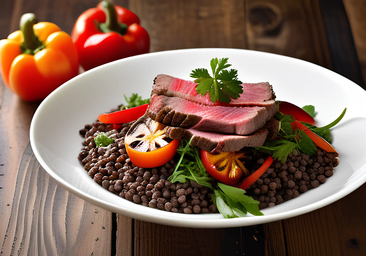 Salad with Beluga Lentils and Beef Fillet Strips